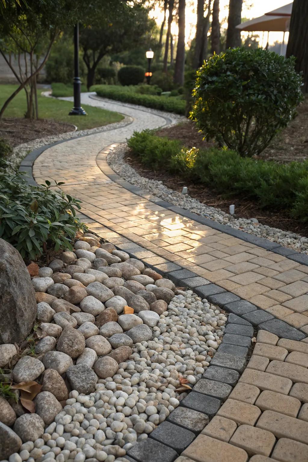 A pathway with a mix of pebbles and pavers adding rustic charm.