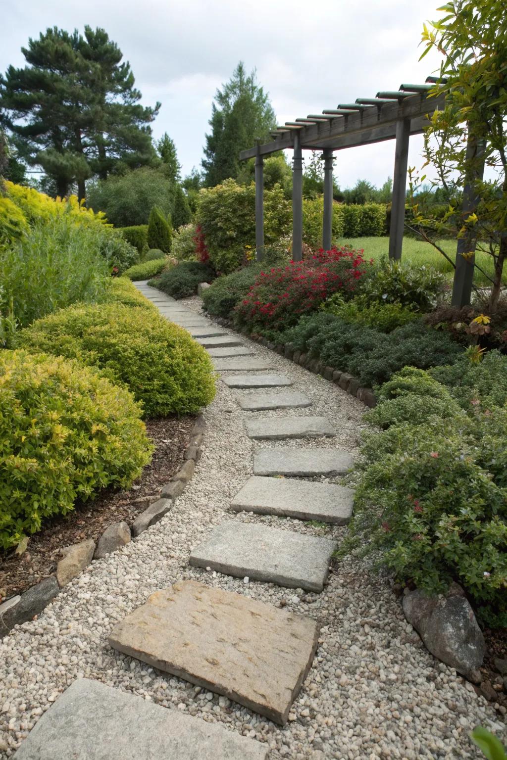 Elevated walkway with stones on gravel, adding depth and functionality