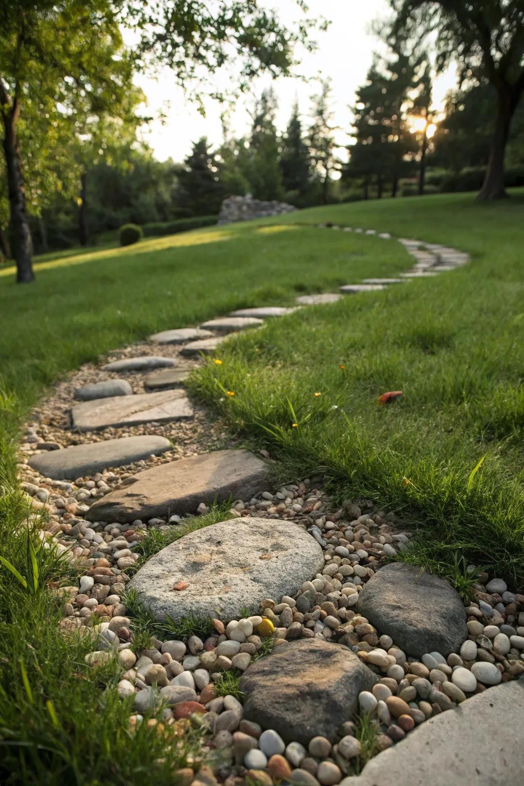 Pebble inlays creating a textured and elegant garden path.