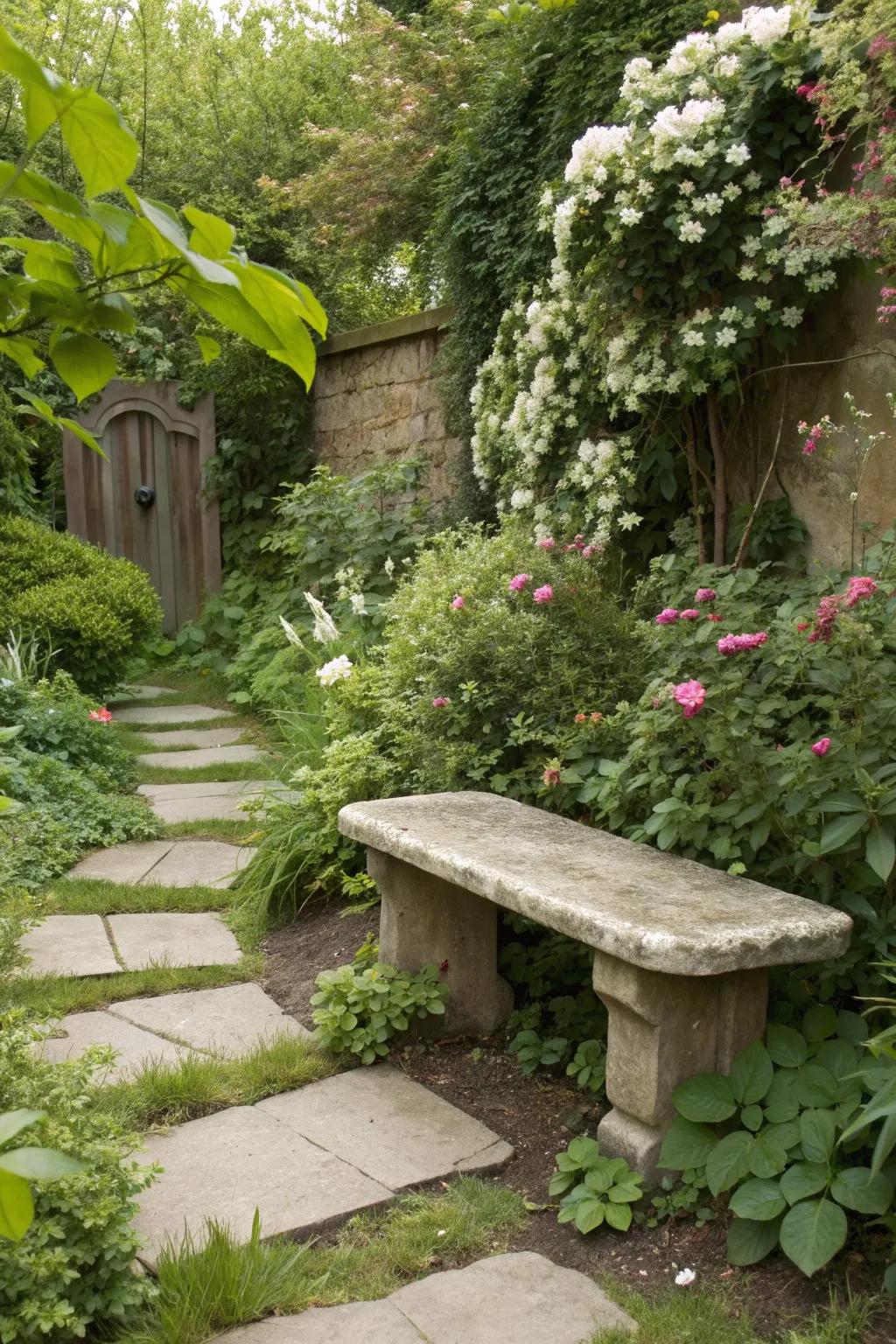 A compact stone bench makes the most of limited space.