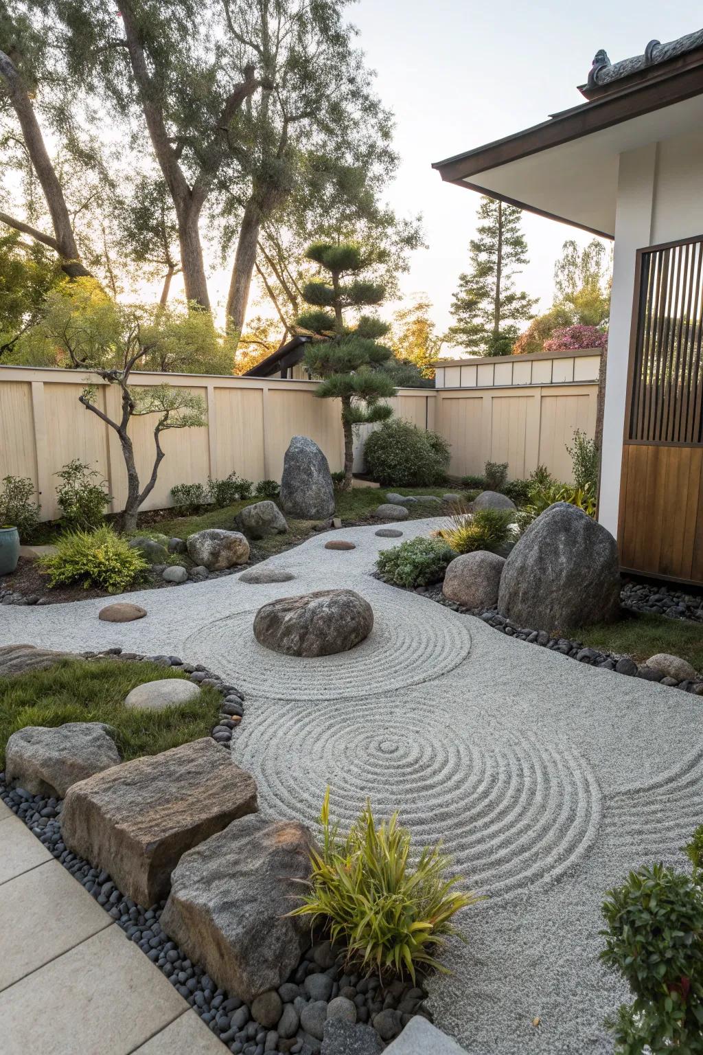 A tranquil Zen stone garden designed for meditation and relaxation.