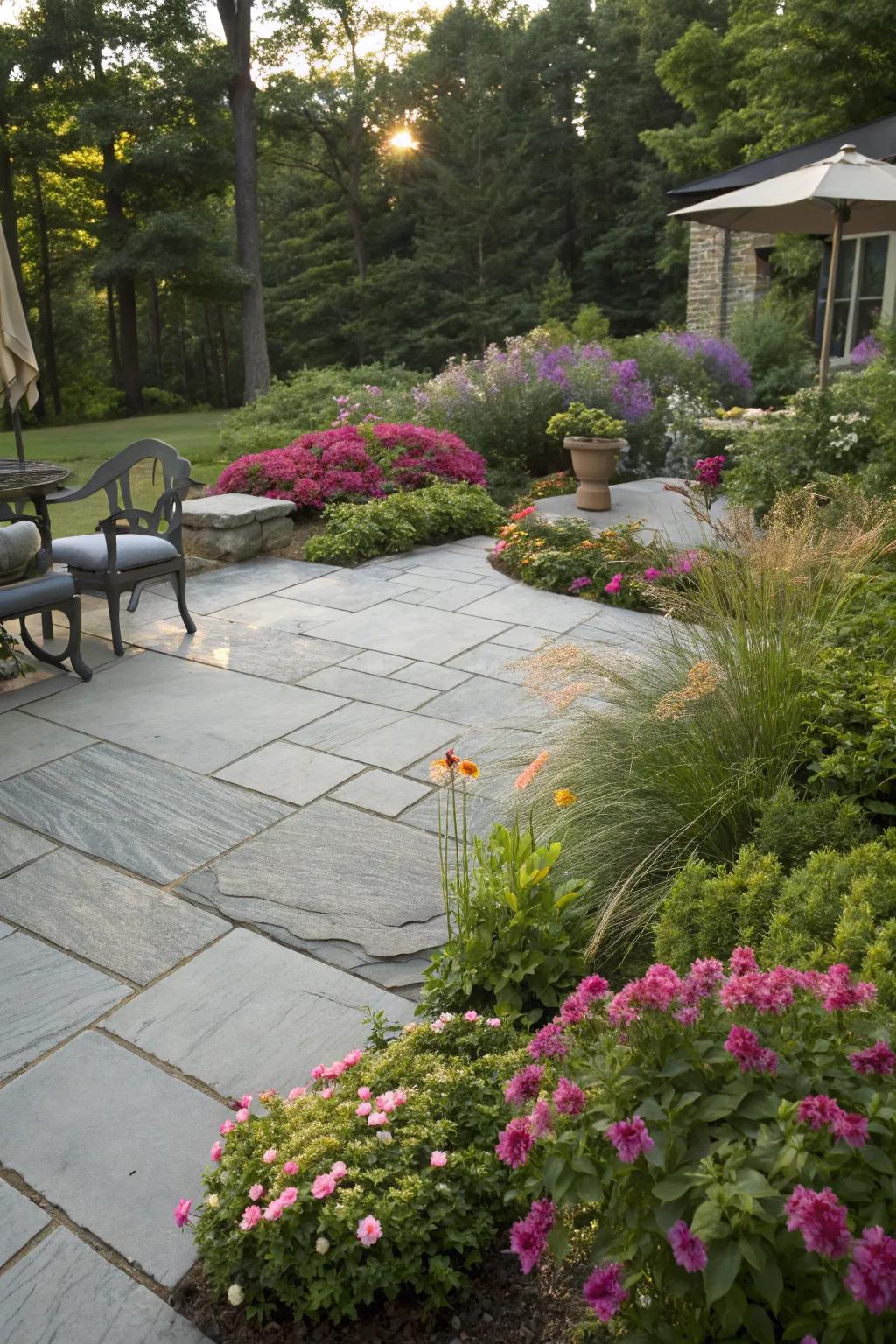 Enhance your patio's beauty with integrated landscaping.