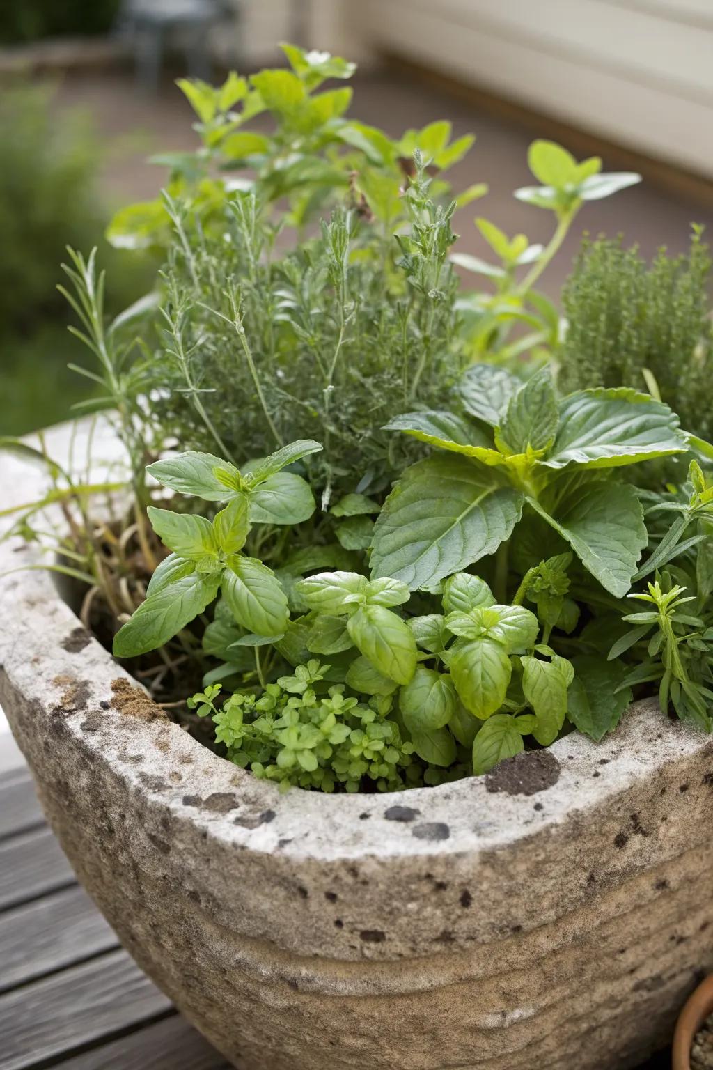 A stone planter dedicated to growing fresh herbs.