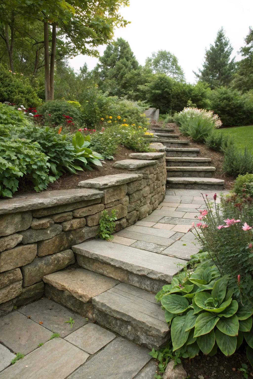 Steps integrated into a stone wall for easy garden access.