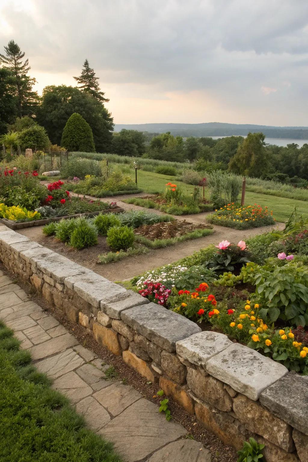 Stone borders provide clear separation between garden areas.