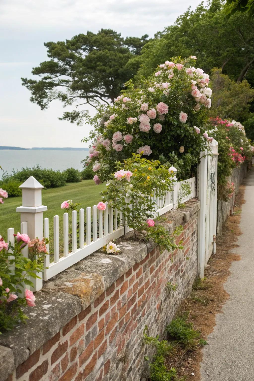 Storybook charm with brick and picket fence.