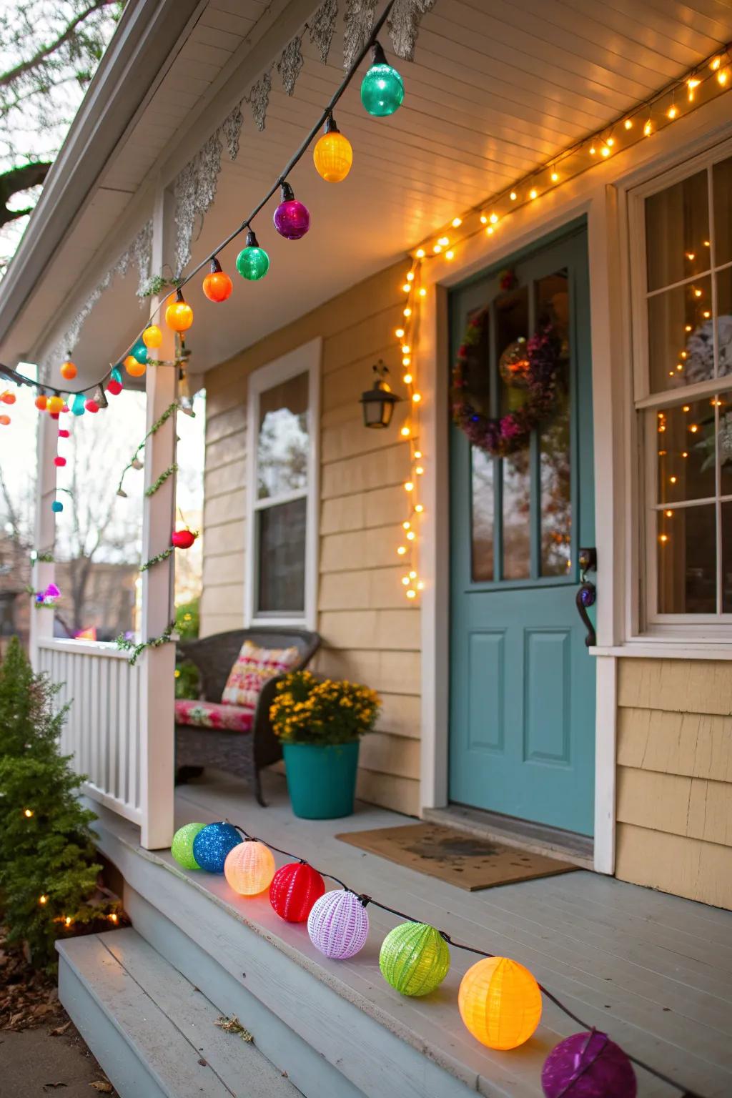 A playful porch setup with whimsical novelty string lights.