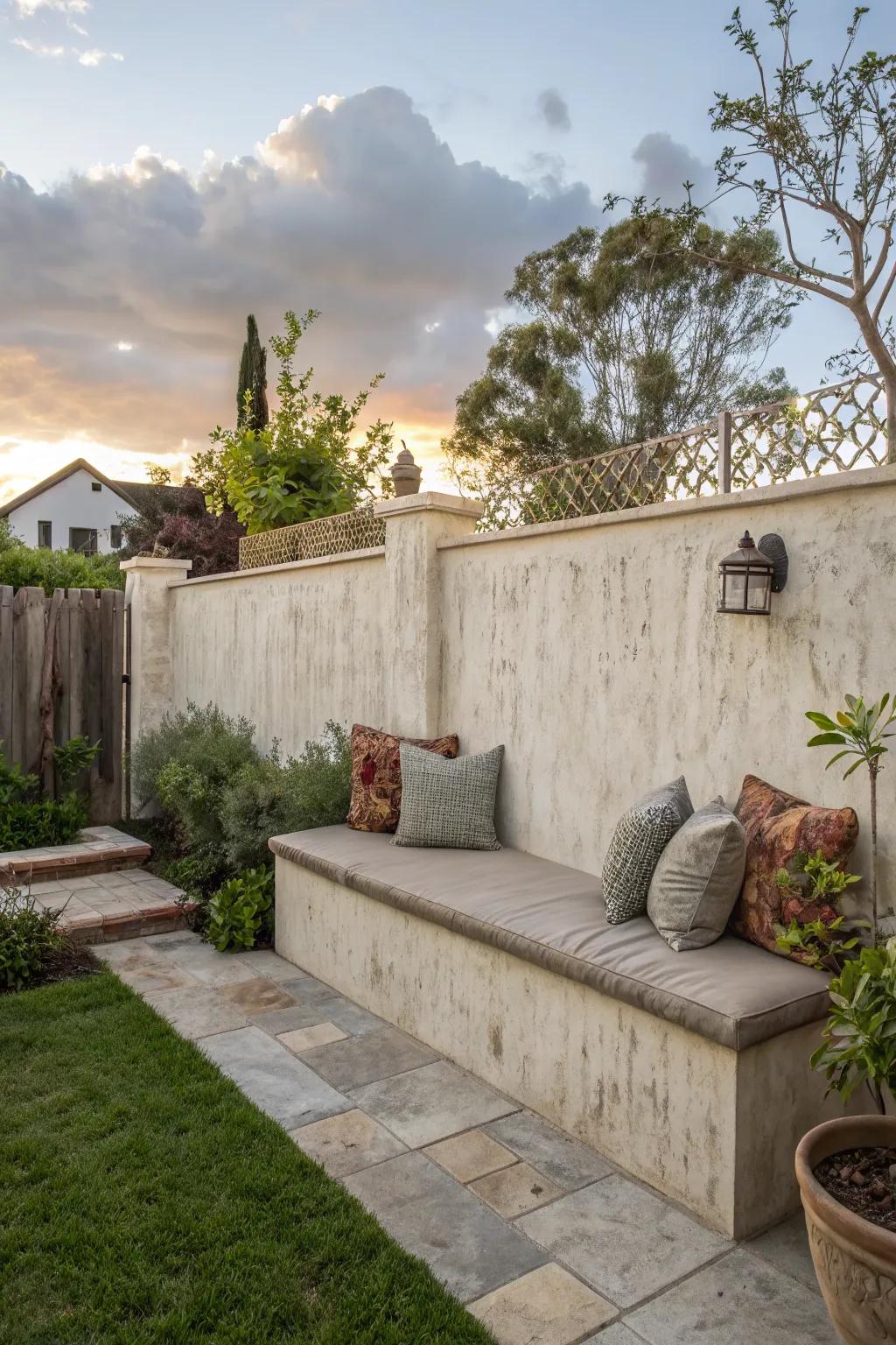 Stucco wall featuring comfortable built-in seating.