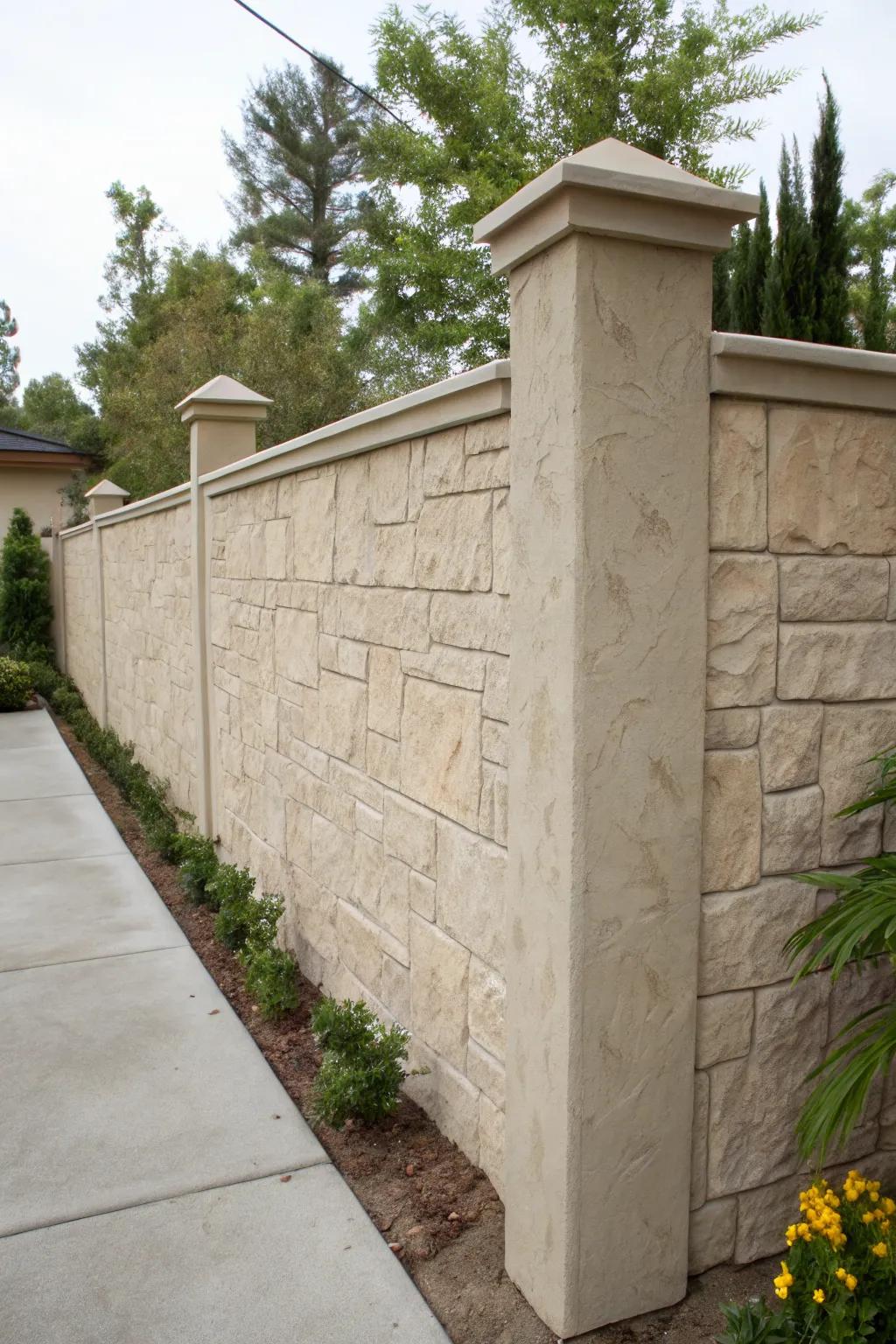 Stucco walls mimicking natural stone offer timeless elegance.
