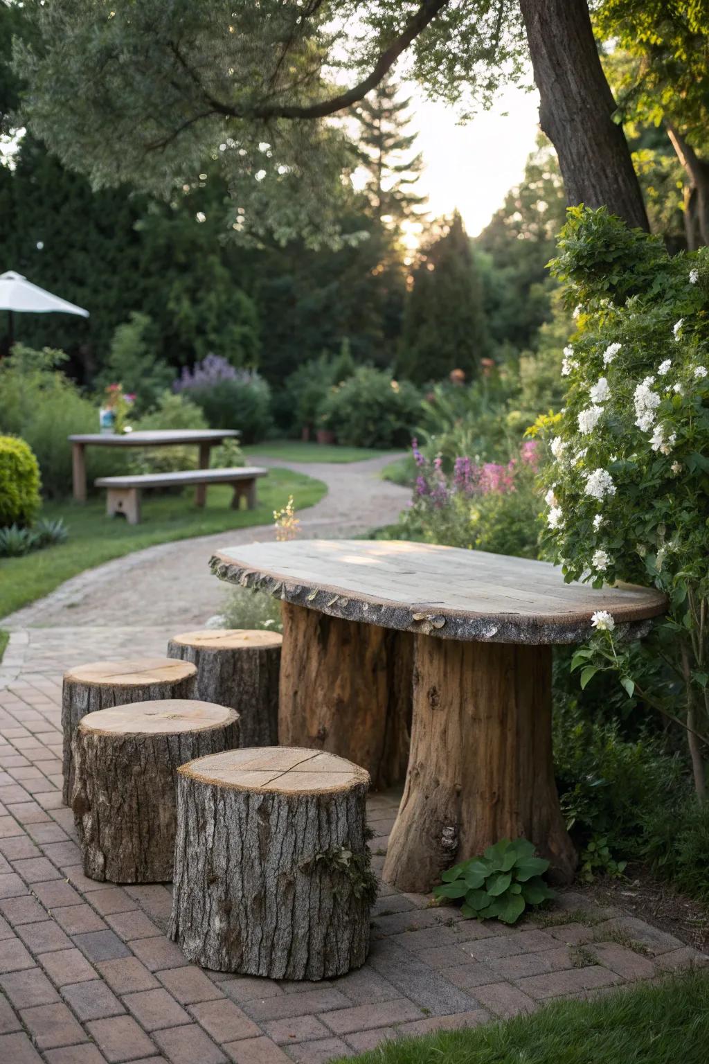 Create a harmonious outdoor dining spot with matching stump furniture.