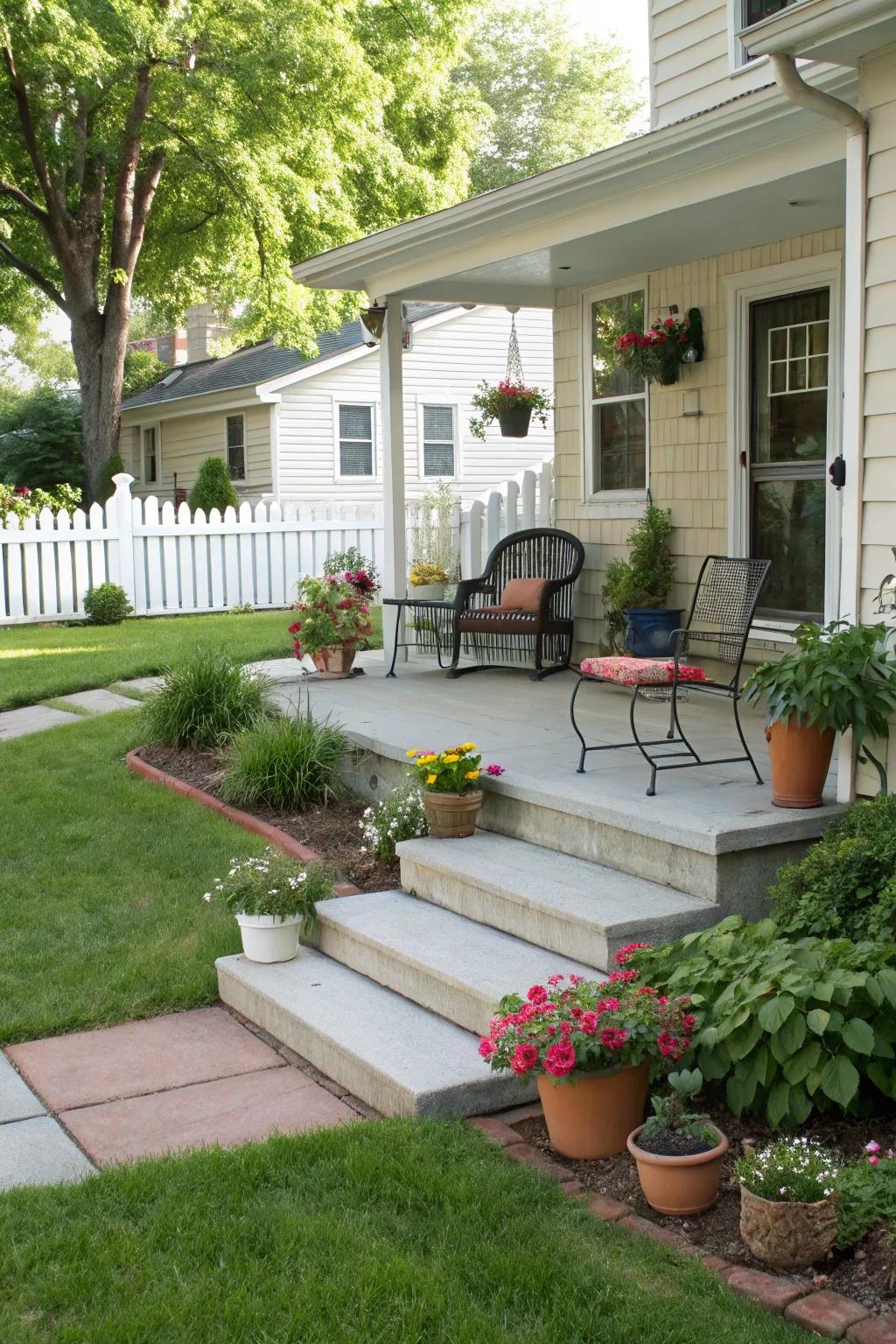 A welcoming porch with steps adds charm and appeal to this front yard.