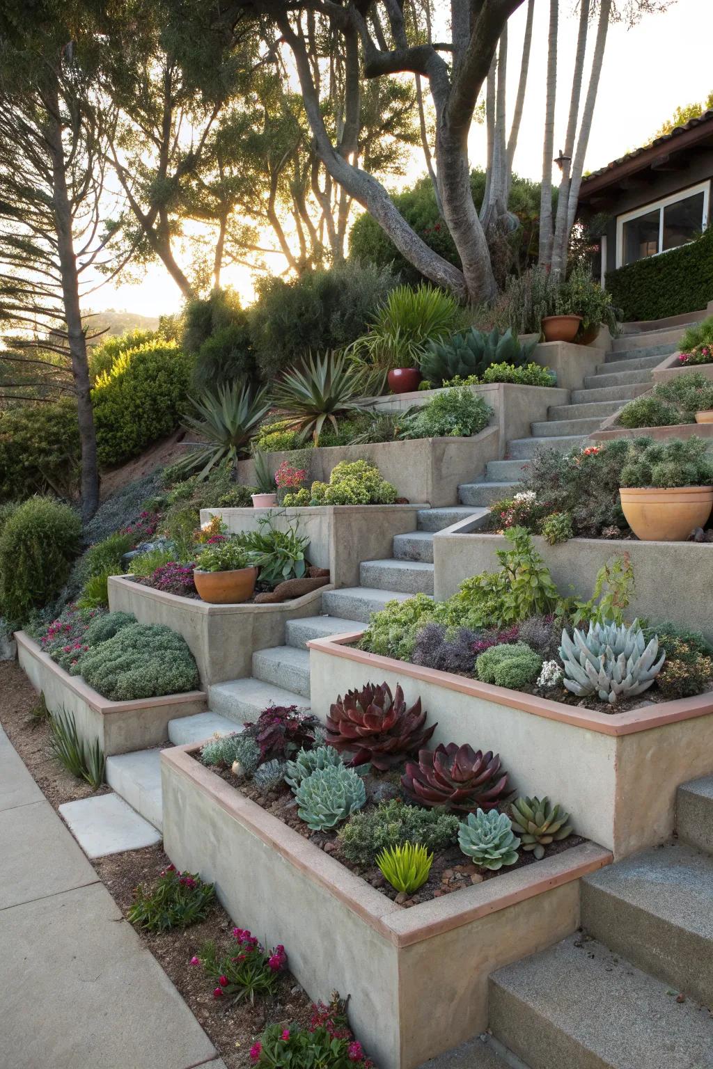 Raised platforms add dimension and showcase succulents