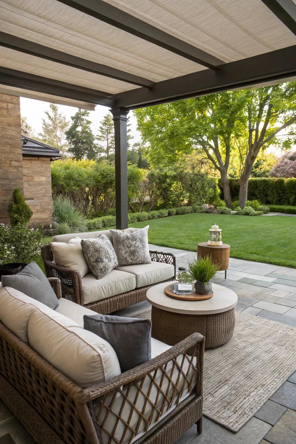 A stylish patio serving as an outdoor living extension