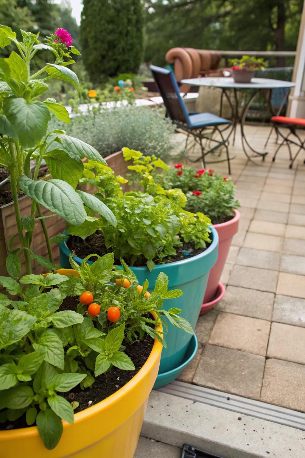 Thriving container garden with herbs and vegetables.