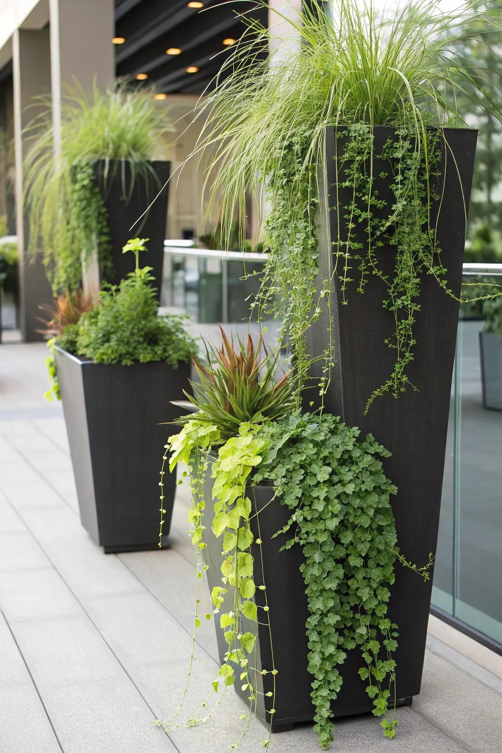 Layered plant heights in planters add structure and depth.