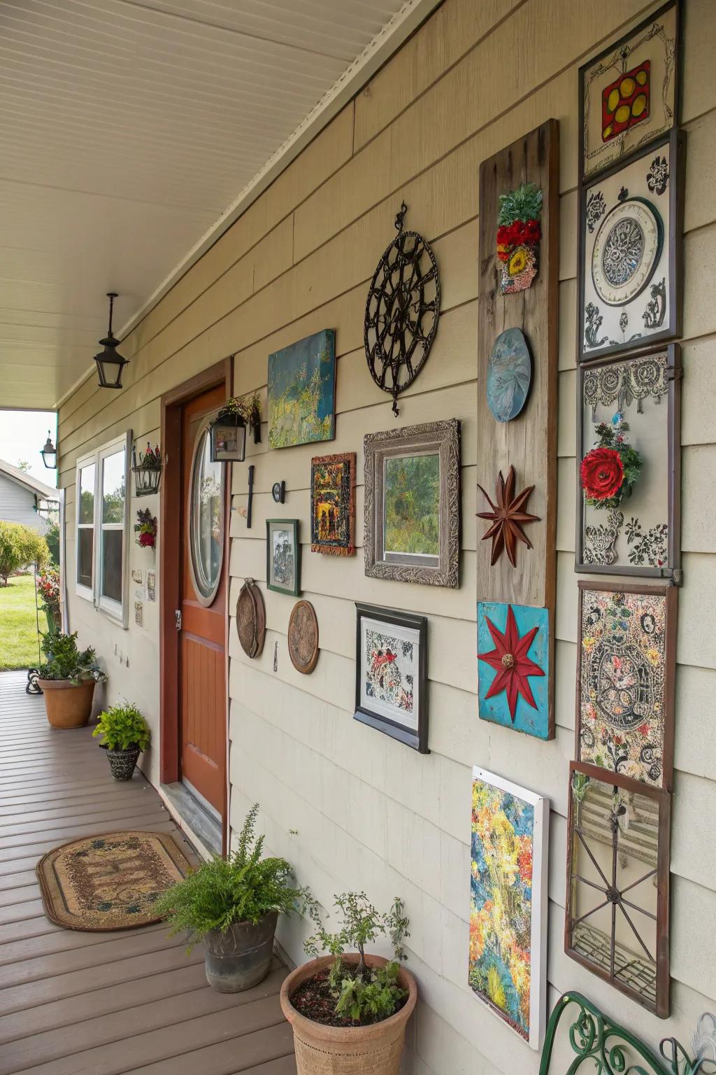 Eclectic wall art adds personality to the porch.
