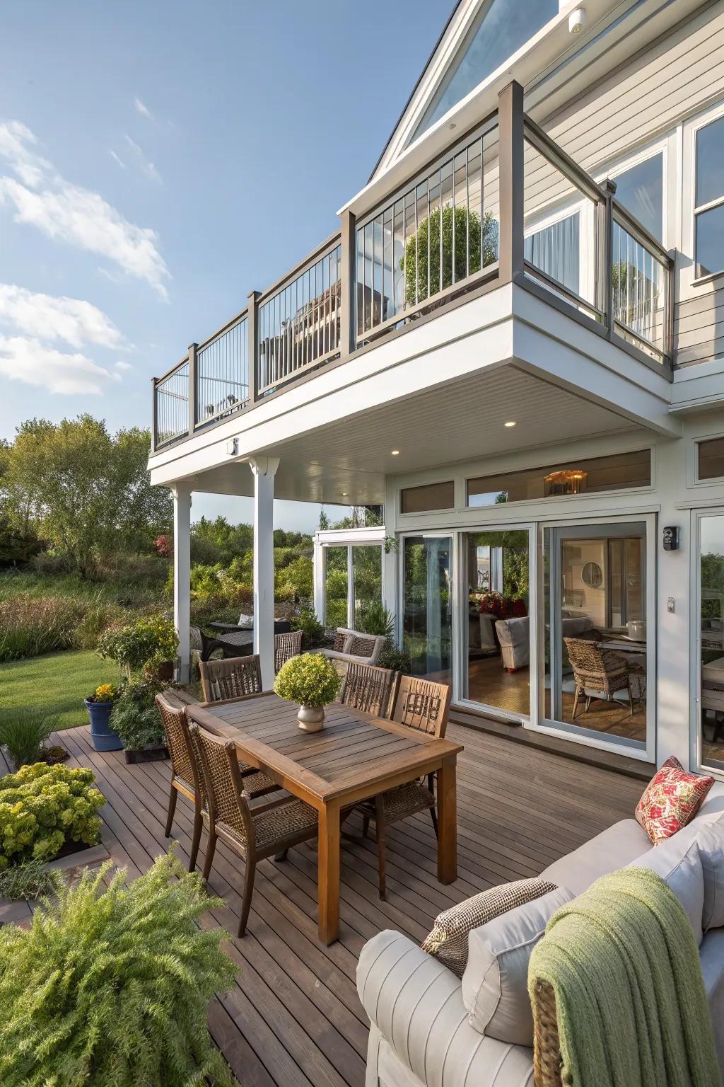 A multi-level deck enhances functionality and aesthetic appeal of the sunroom space.