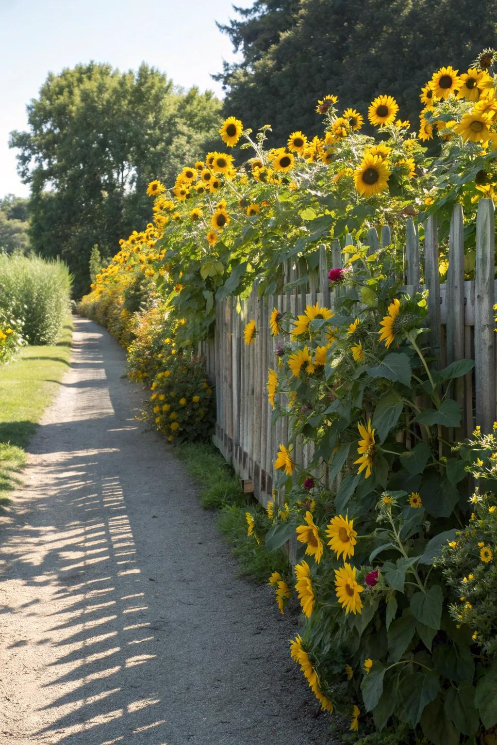 A natural and beautiful living fence of sunflowers.