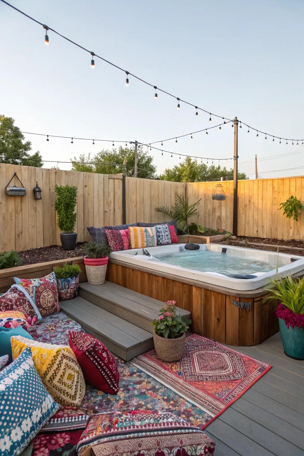A sunken hot tub deck embellished with colorful decorative accents.