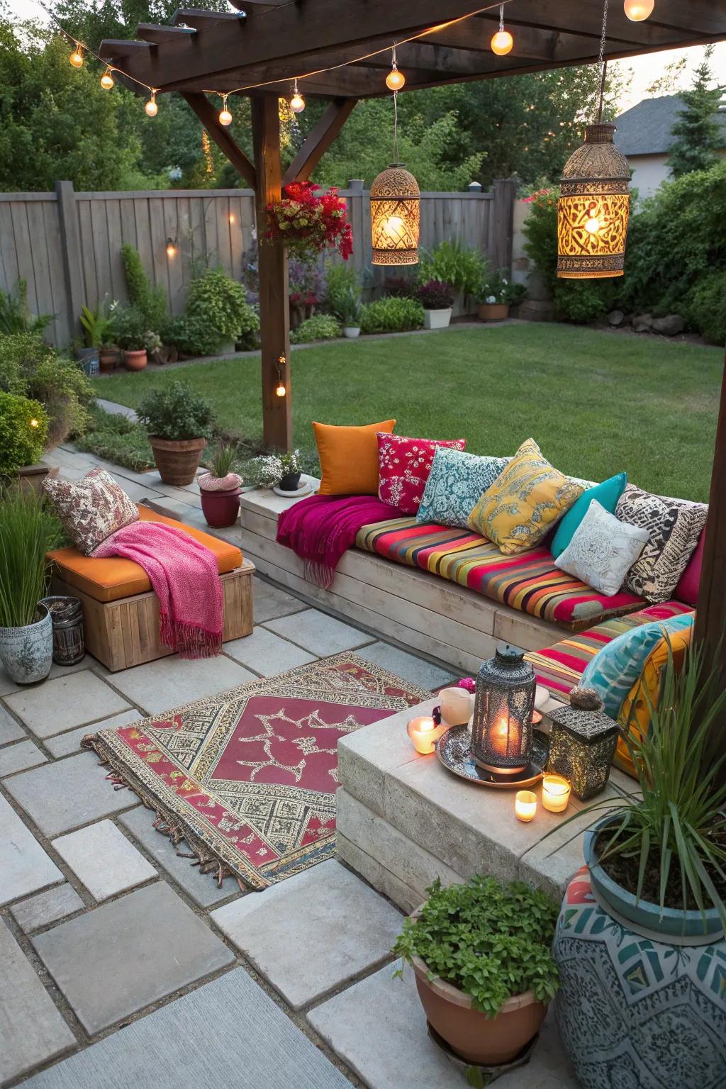 Decorative elements add a personal and vibrant touch to the sunken patio.