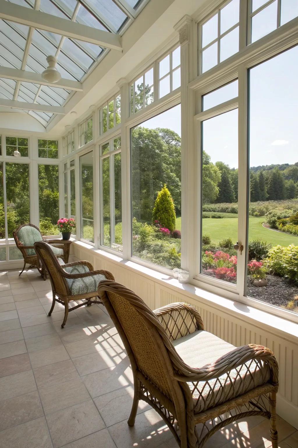 Indoor-outdoor chairs create a seamless connection with the garden.