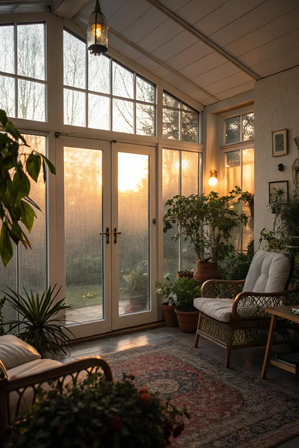 Frosted glass doors offering privacy and soft lighting.
