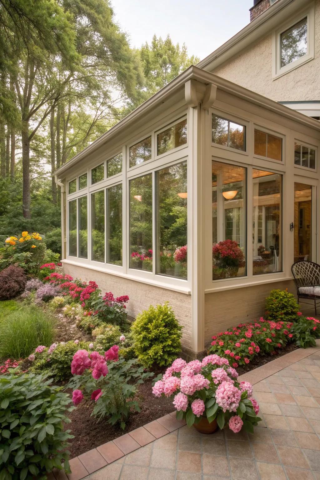 Smooth stucco siding gives this sunroom a sleek and clean appearance.