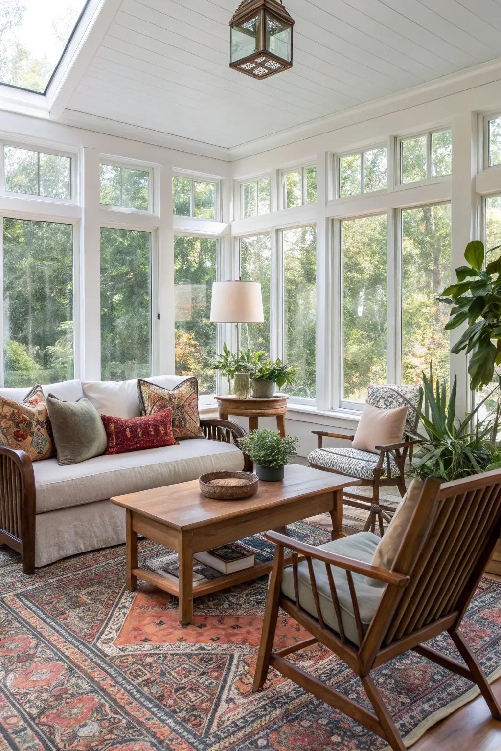 A harmonious blend of modern and traditional styles in the sunroom.