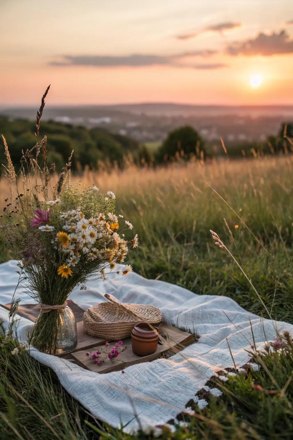Fresh flowers bringing a touch of beauty to a sunset picnic.