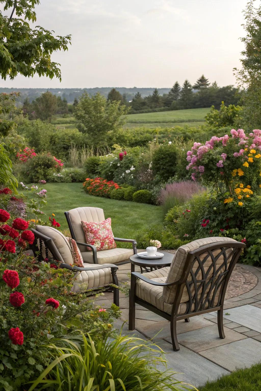 A tranquil seating area nestled within a lush garden.