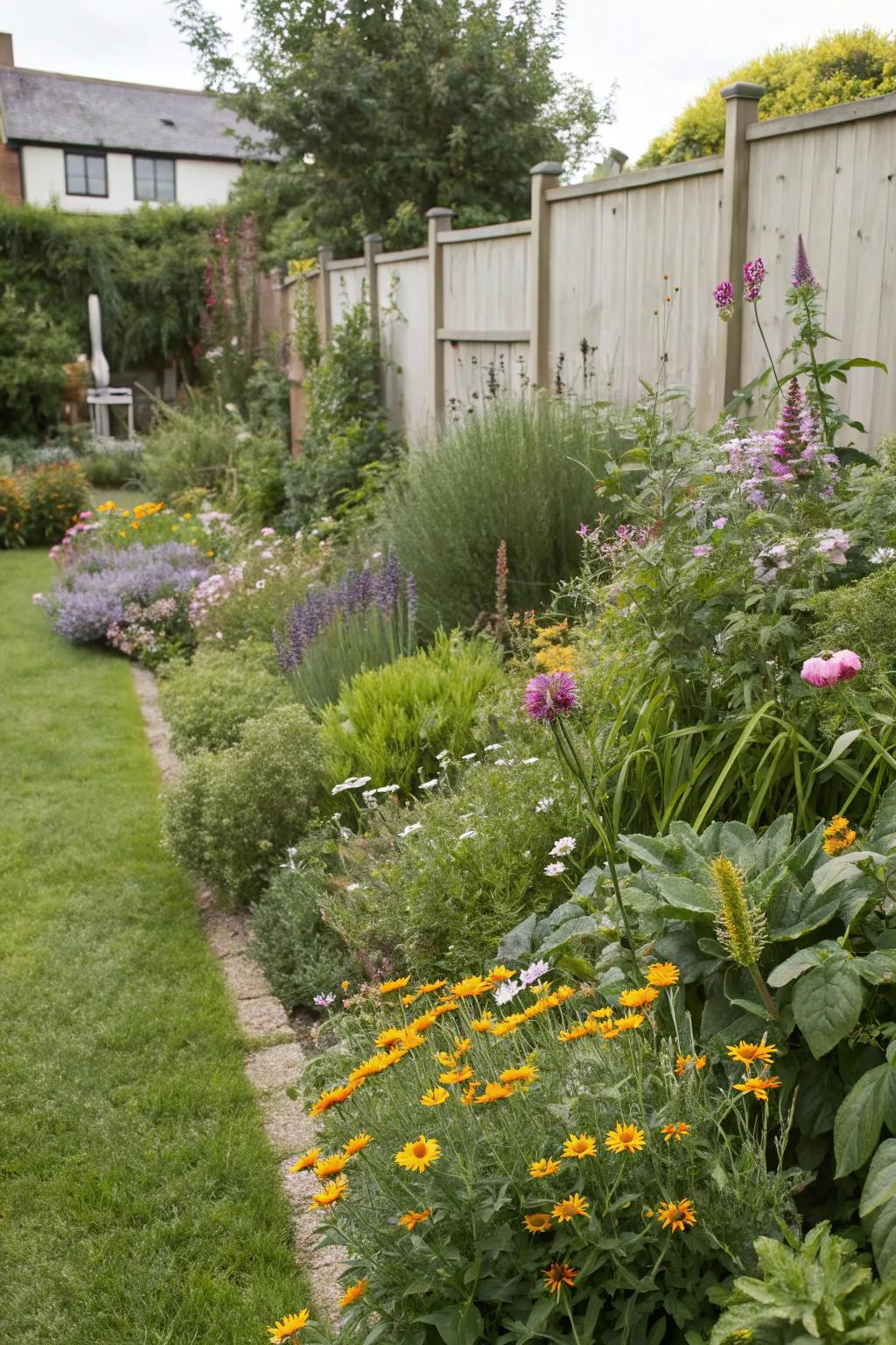 A garden with reduced lawn area, promoting biodiversity and water savings.