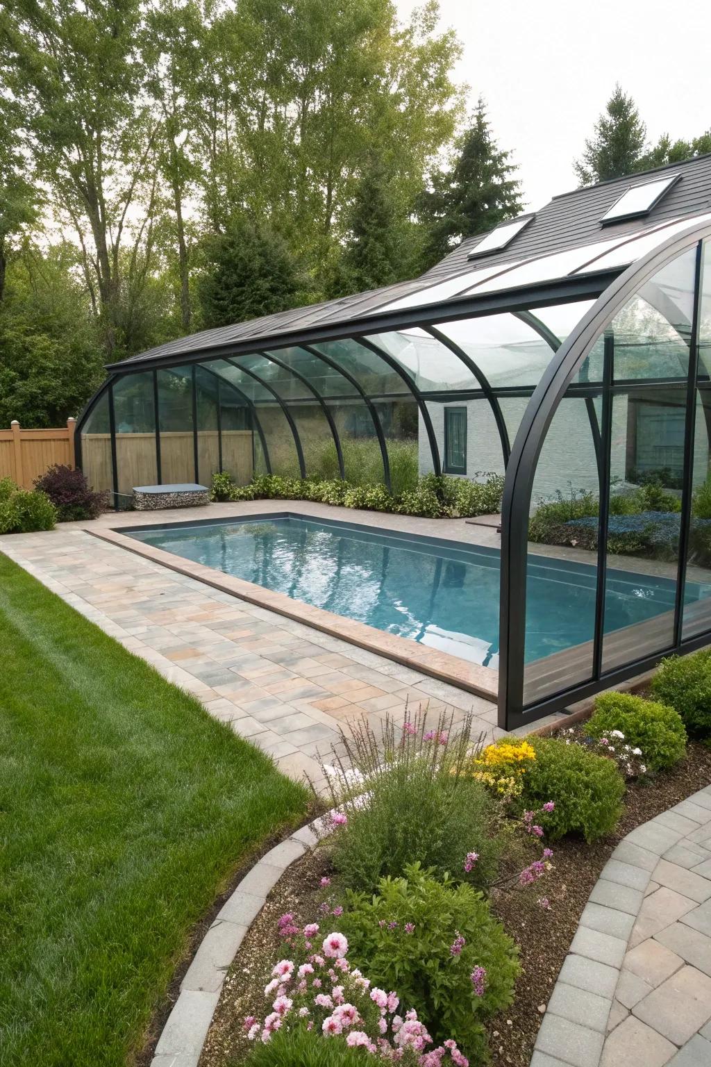 A custom pool enclosure designed to fit a uniquely shaped pool.