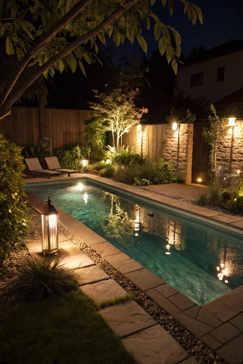 Creative lighting transforms this small pool into a nighttime oasis.