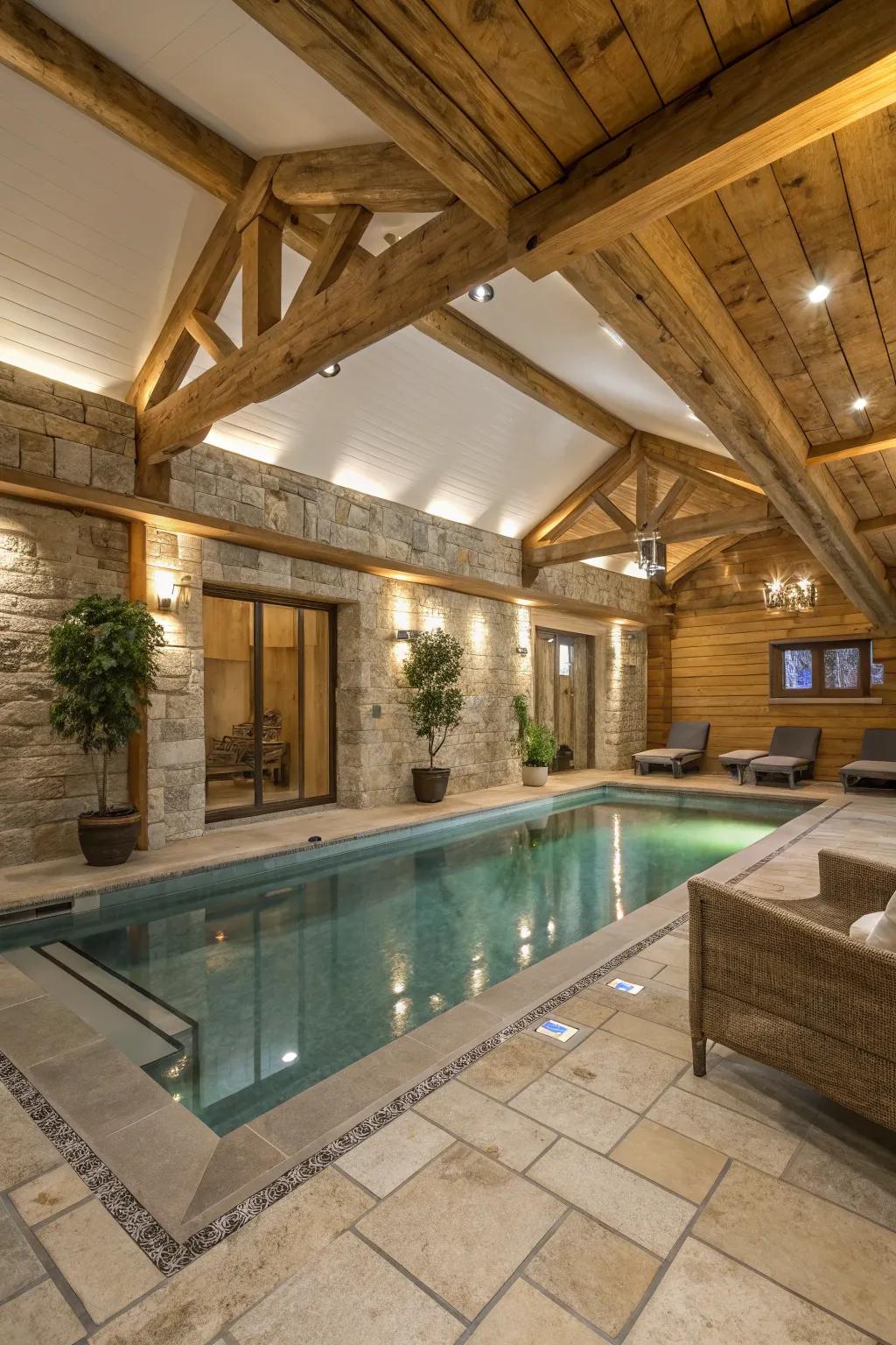 Natural materials add warmth and texture to the pool room.