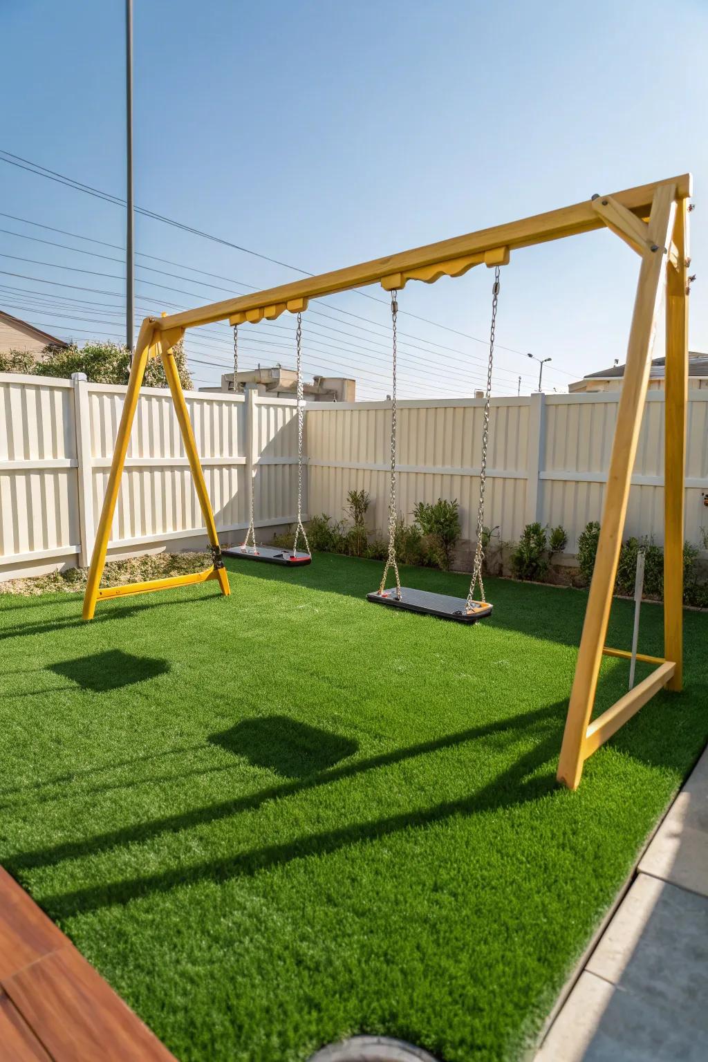 Swingset on a pristine artificial turf surface.