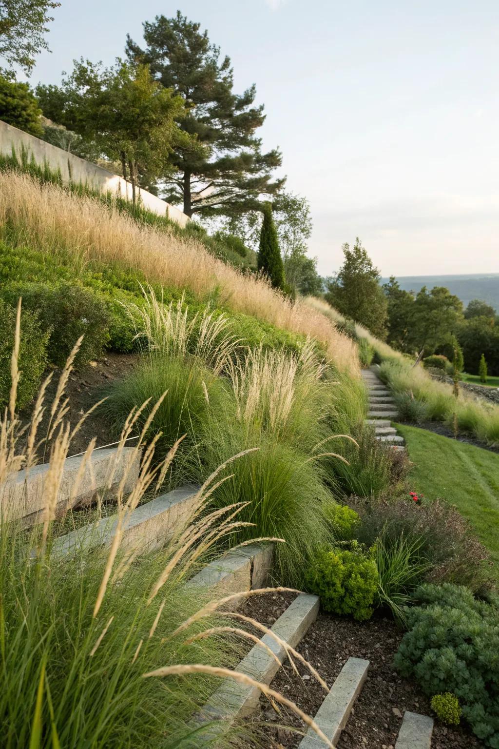 Tall grasses stabilizing a garden slope with stunning effect.