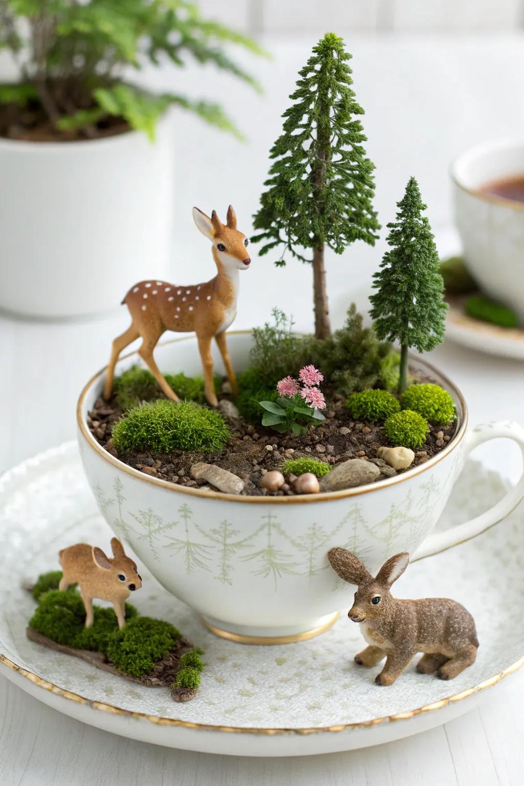 A cozy woodland scene in a teacup.