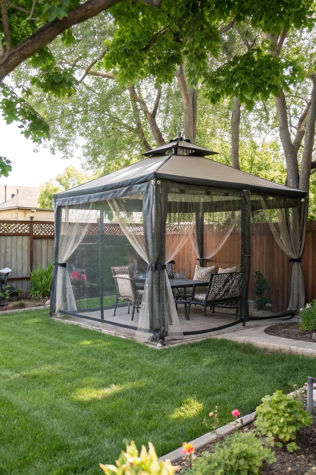 An elegant gazebo providing shade and shelter from insects.