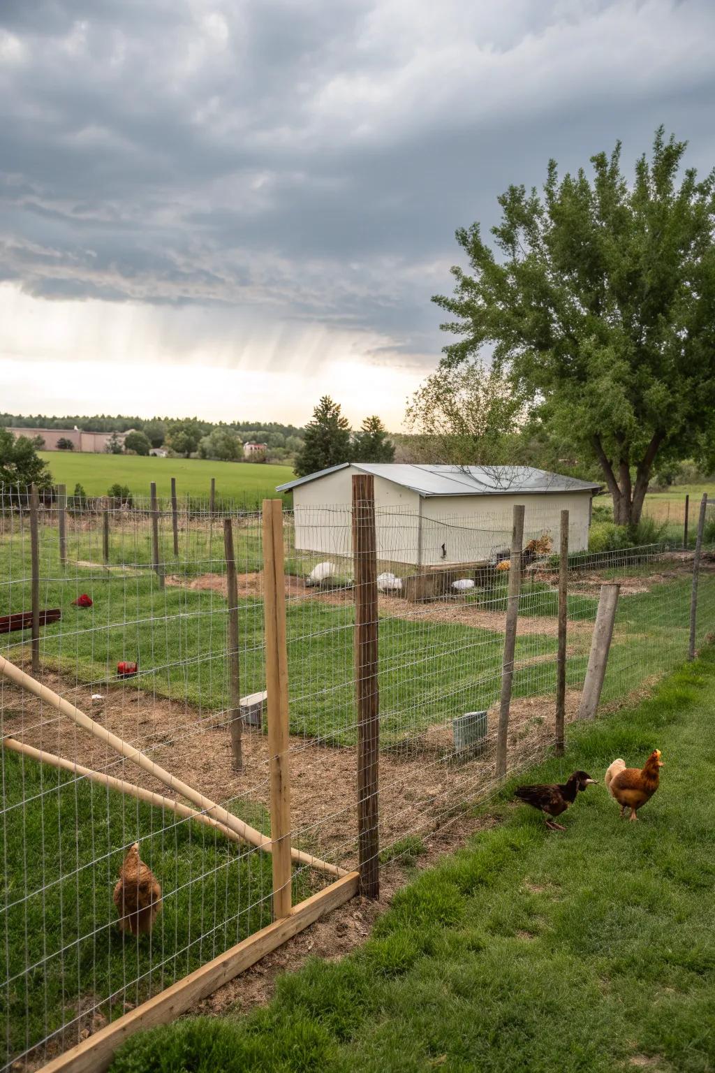 A flexible and temporary chicken enclosure made from wire and T-posts.