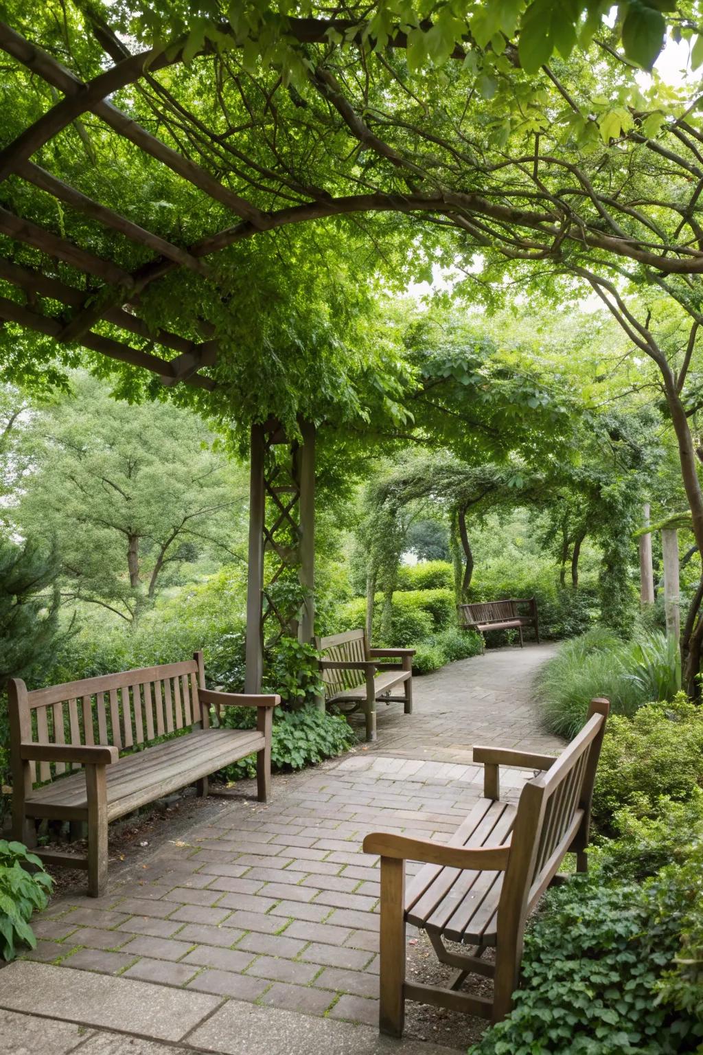 Seating areas create inviting spaces to relax and enjoy the outdoors.