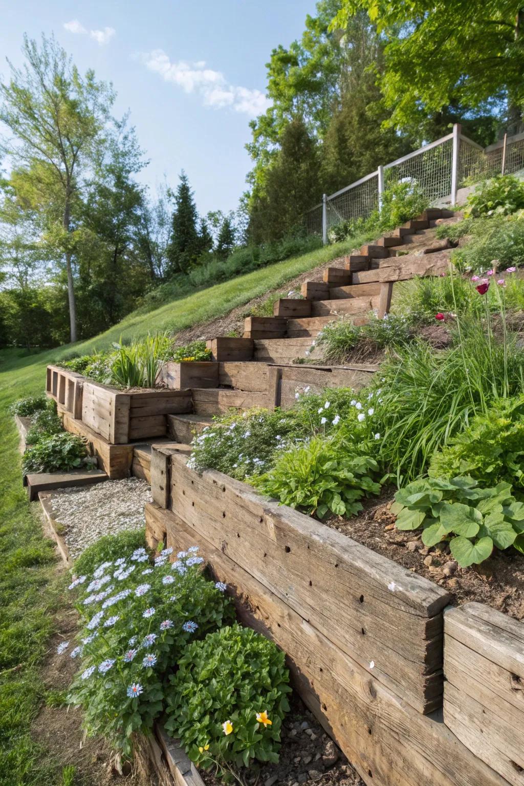 Terraced garden utilizing recycled railroad ties as unique retaining walls on a slope.