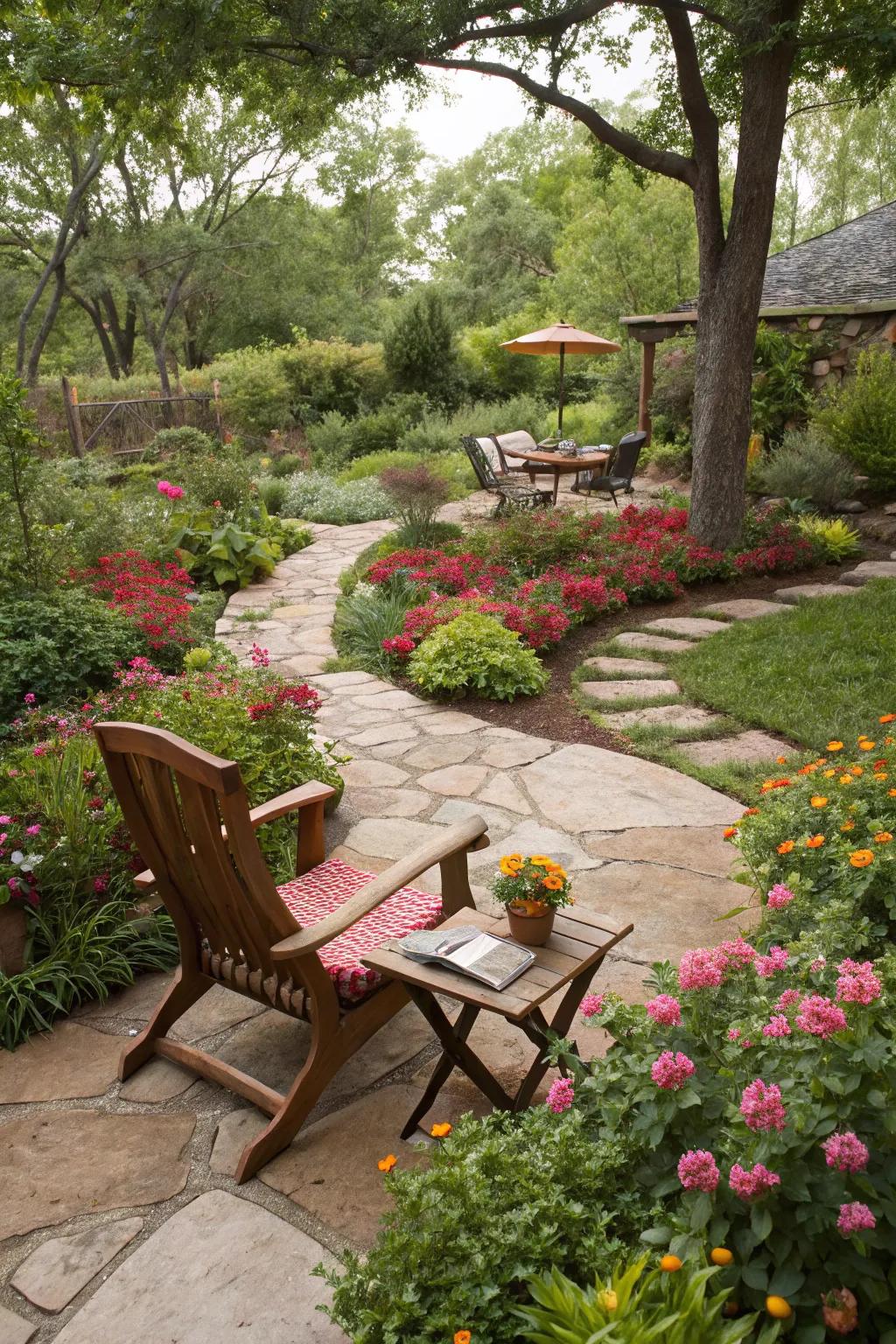 A cozy seating area nestled among vibrant Texas flora.