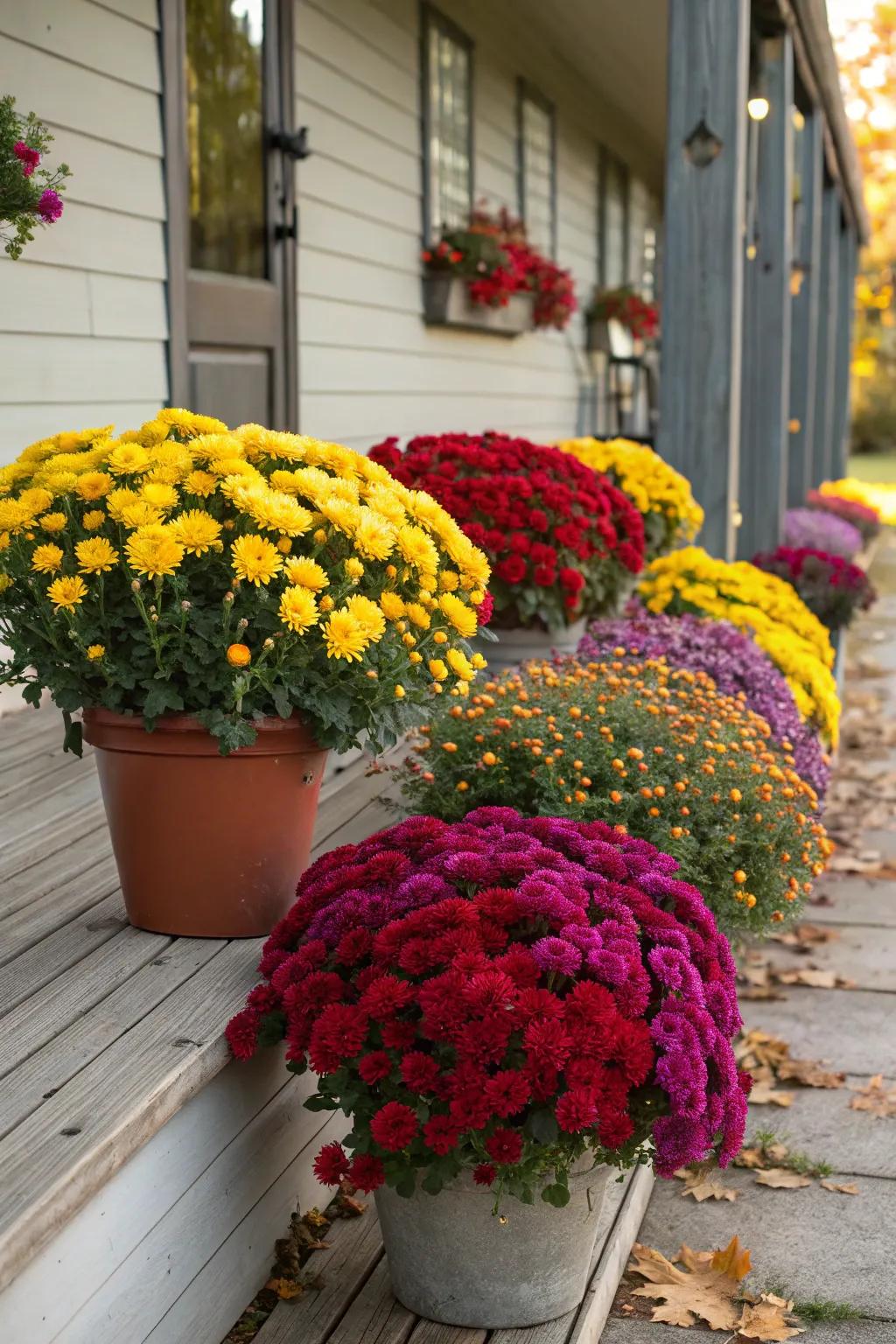 Vibrant mums add a splash of color to the porch.