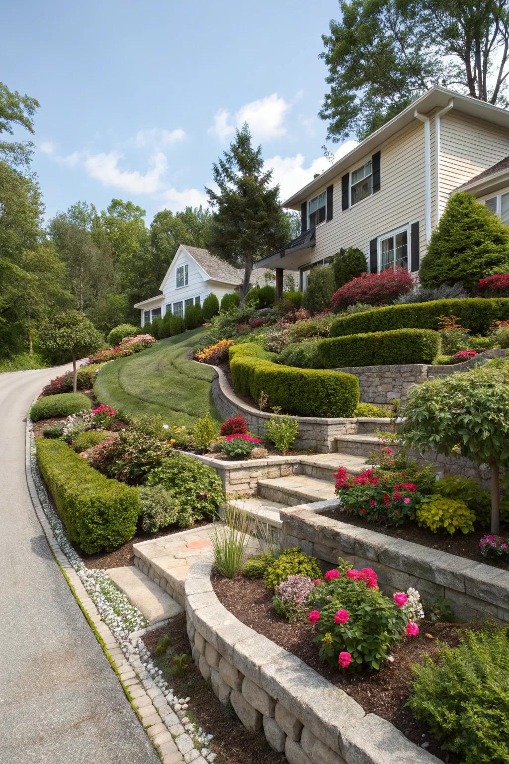 Creative use of slopes adds dynamism to tiered landscapes.