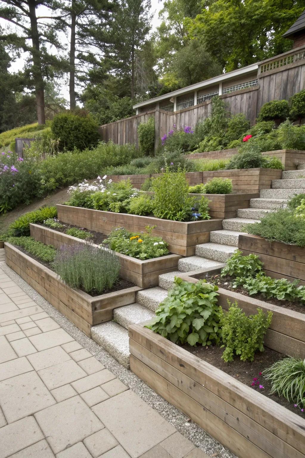 Functional elements enhance the practicality of tiered gardens.