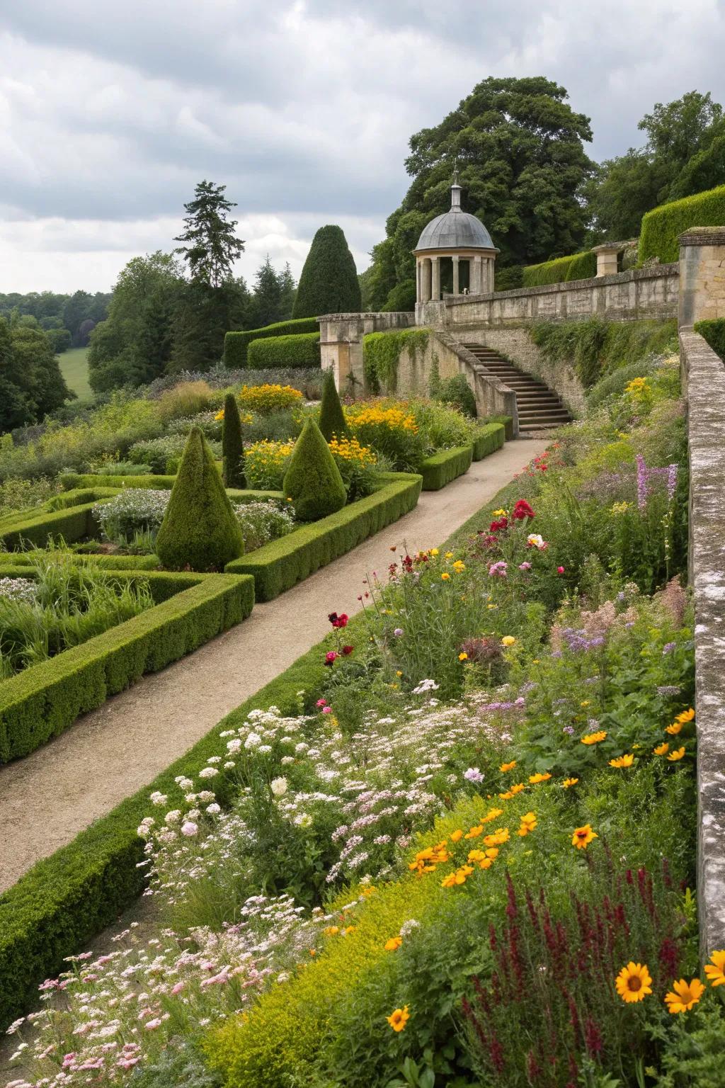 A blend of formal and informal designs adds depth to tiered gardens.