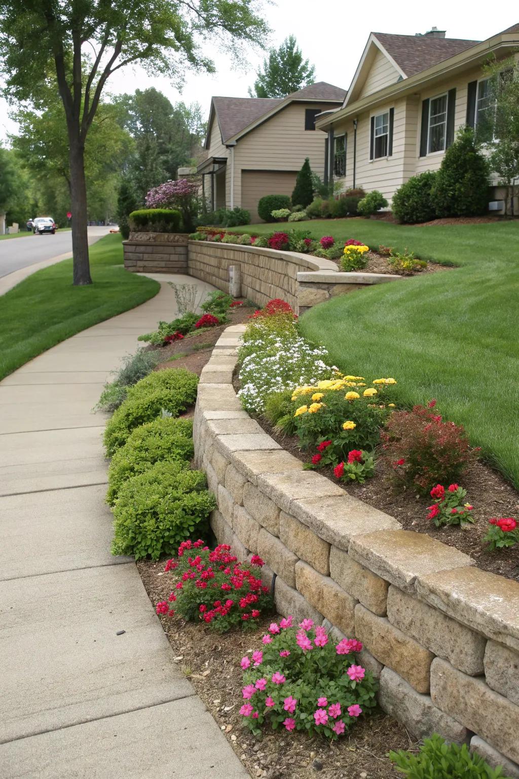 Tiered retaining walls in the front yard create an eye-catching and inviting entrance.