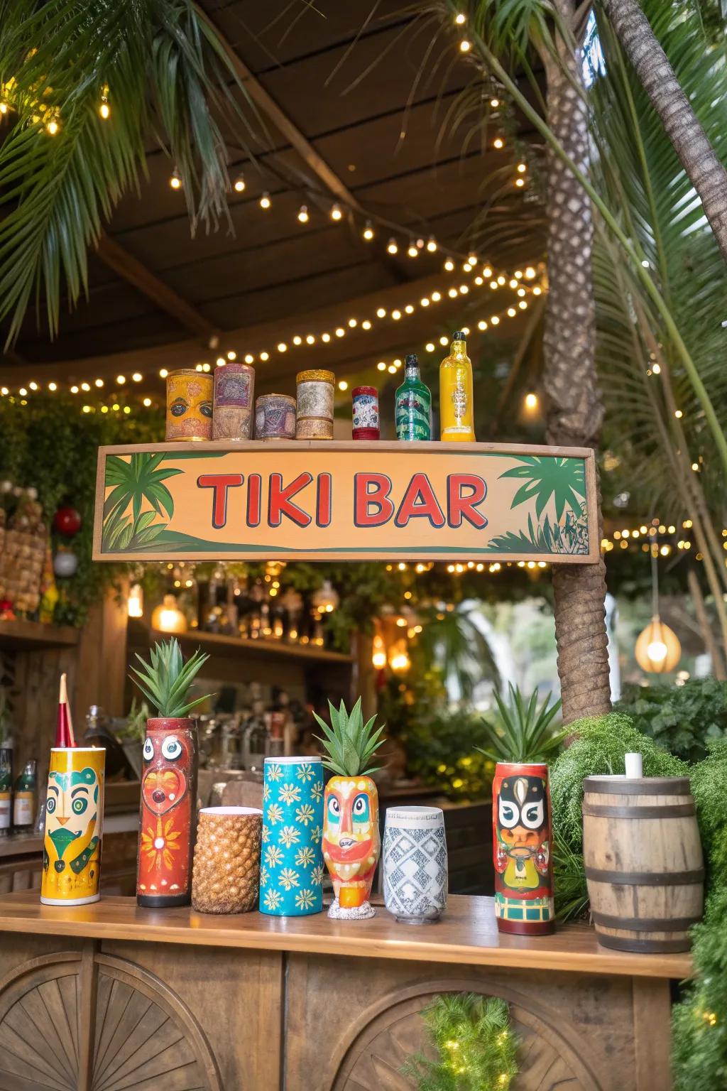 Tiki mugs and bar signs add a festive touch