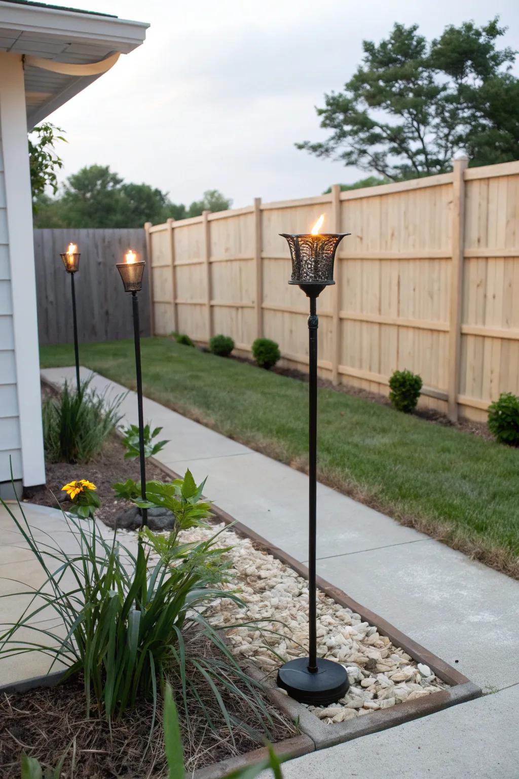 Achieve modern elegance with sleek metal tiki torches.