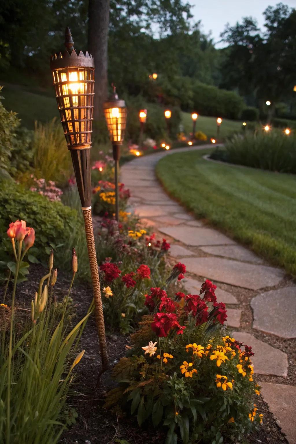 Garden stake torches light up pathways and add height to garden displays.